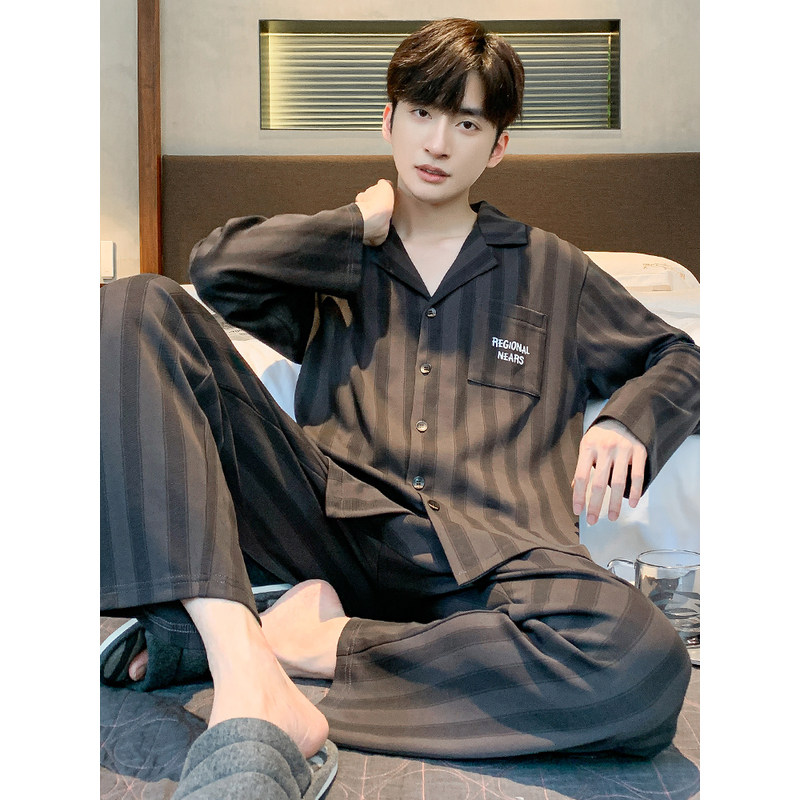 维多利亞纯棉长袖睡衣男士2025新款秋季暗纹休闲青少年家居服套装