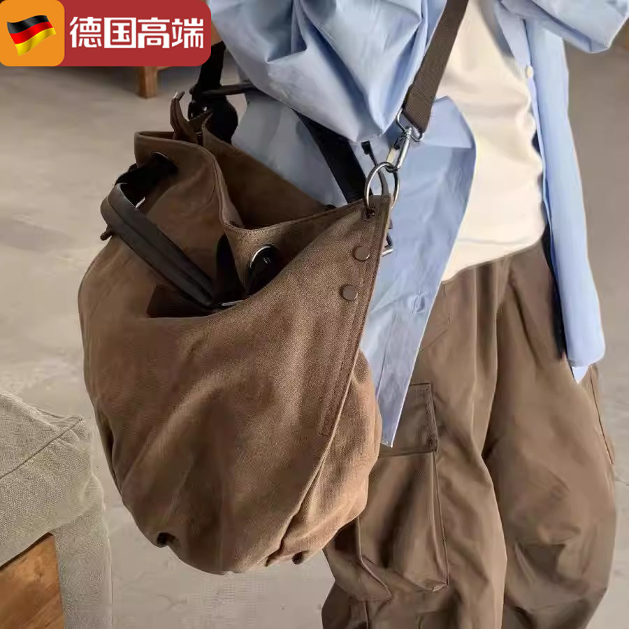 德国潮流复古工装帆布包大容量单肩斜挎包多功能饺子包男女手提包