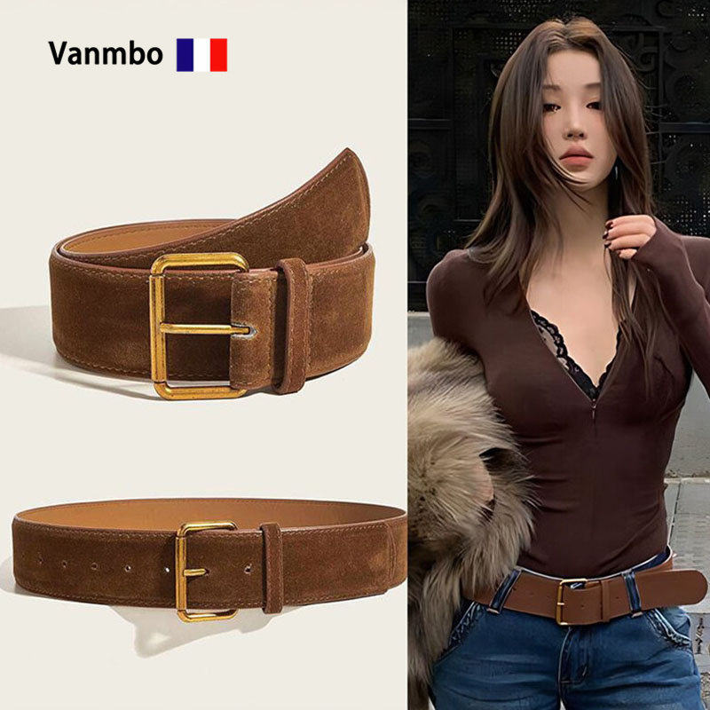 法国Vanmbo正品复古棕色宽封腰带女2026新款配裙子牛仔裤大衣皮带