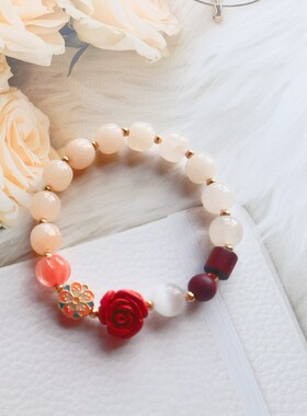 天然新疆粉色金丝玉石老型珠手串渐变蜜桃色花朵朱砂手链原创甜美