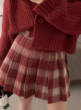复古毛呢短裙格子女2026冬季新款过年红色a字加厚半身百褶裙