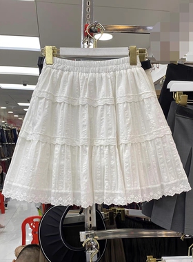 白色短裙刺绣花边拼接A字裙女2025夏季松紧高腰小个子短款半身裙