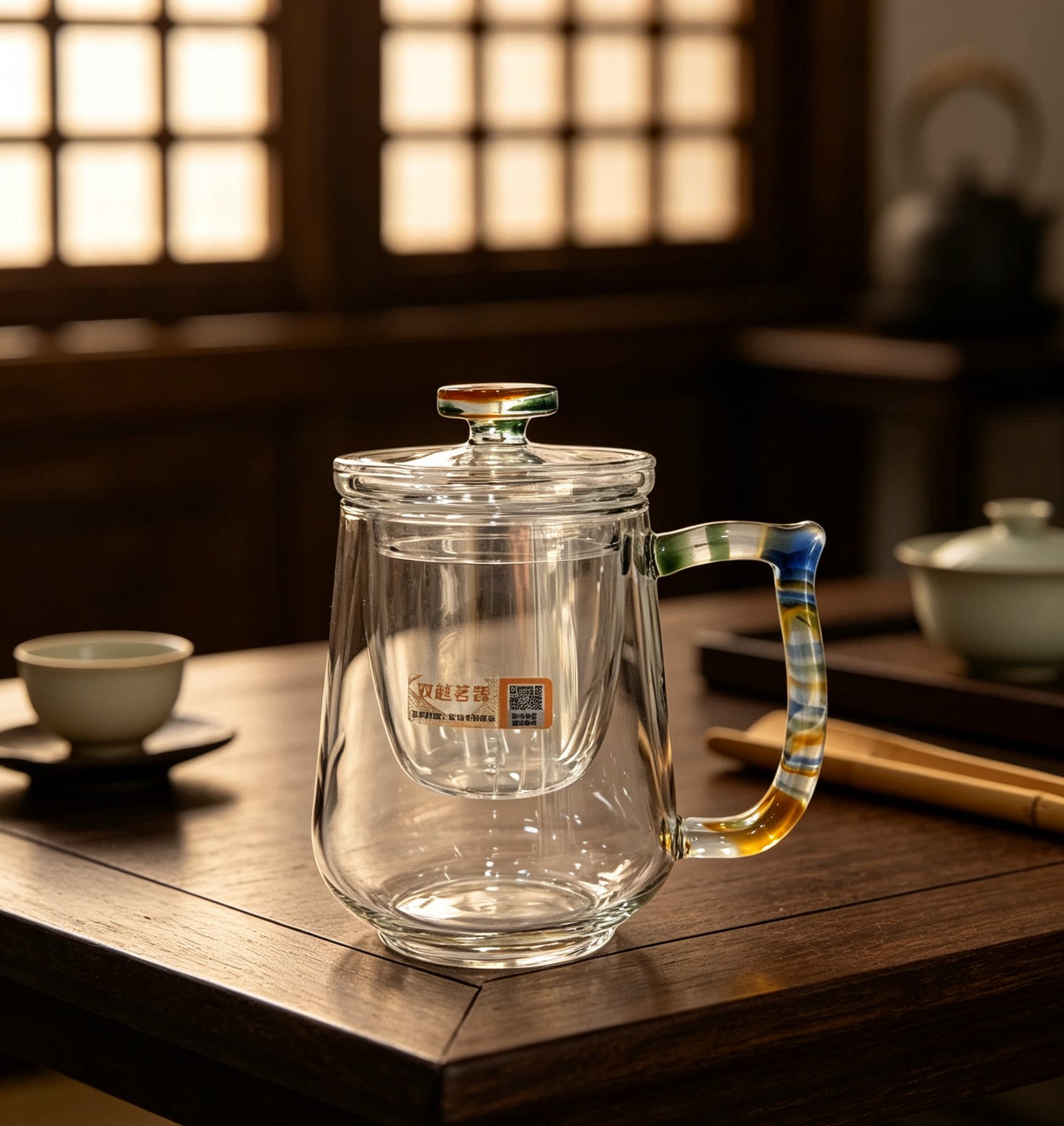 双越茗器玻璃三件杯办公杯茶水分离泡茶杯高硼硅耐热玻璃360ml