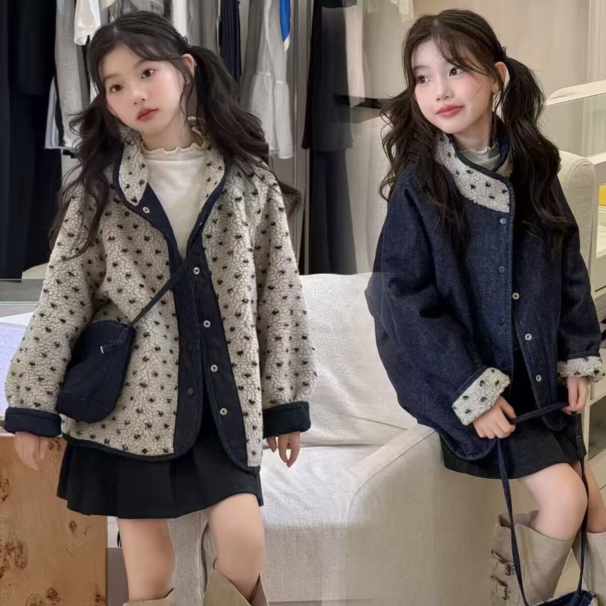 女童冬装两面穿牛仔羊羔绒外套2026秋冬洋气韩版百搭棉服上衣加厚