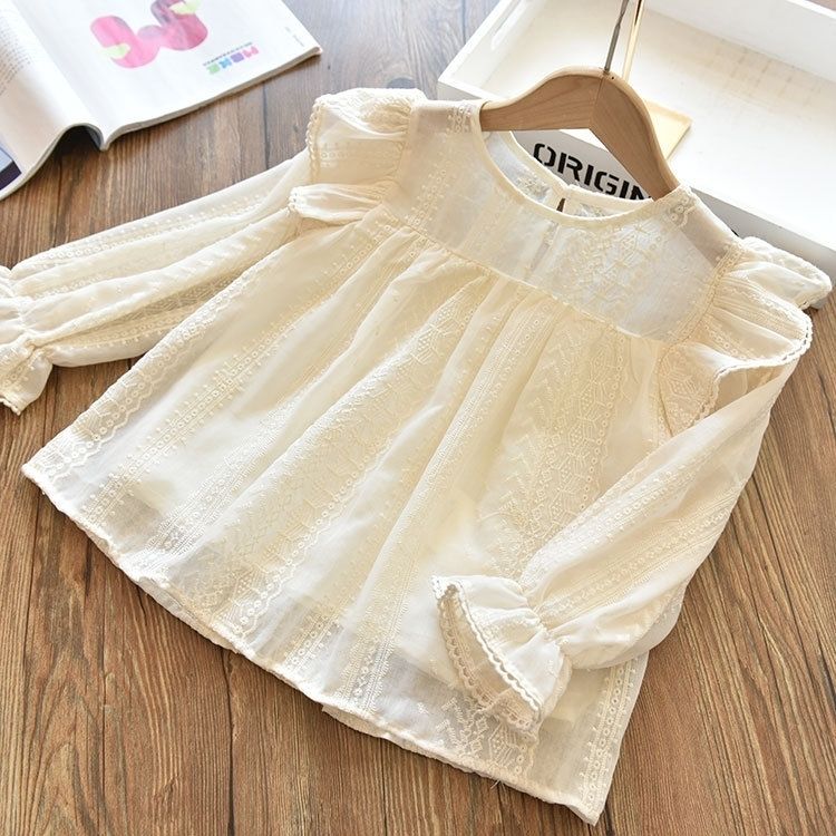 女童衬衫2023新款儿童纯棉公主风洋气时髦蕾丝长袖衬衣宝宝上衣