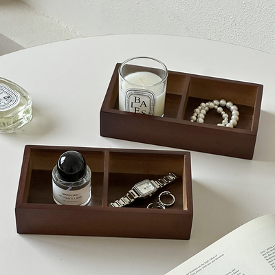 长方形杂物筐木质桌面收纳盒轻奢复古分格整理盒首饰香水收纳托盘