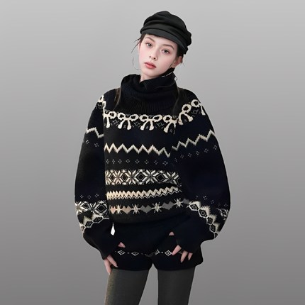 H2AN1 STUDIO美式复古费尔岛高领毛衣外套针织上衣女短裤套装加厚