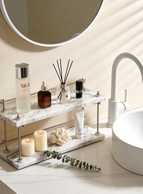 卫生间收纳架轻奢大理石天然奢石浴室台面牙刷套具化妆品置物架子