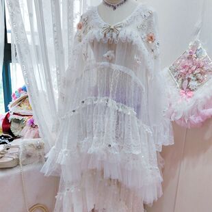 花仙子小姐潮流孕妈胖人可穿梦幻小清新层层蕾丝刺绣泡泡袖 蕾丝裙
