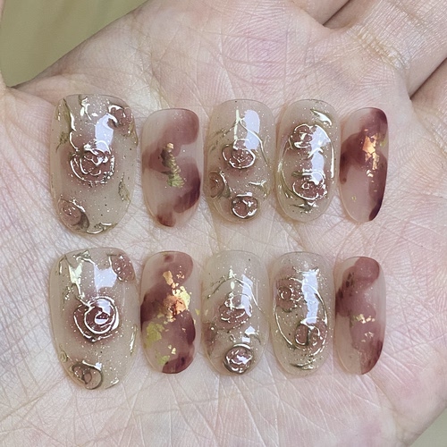 琥珀复古油画磨砂砂糖手绘显白高级精致纯手工穿戴甲短椭（全码）