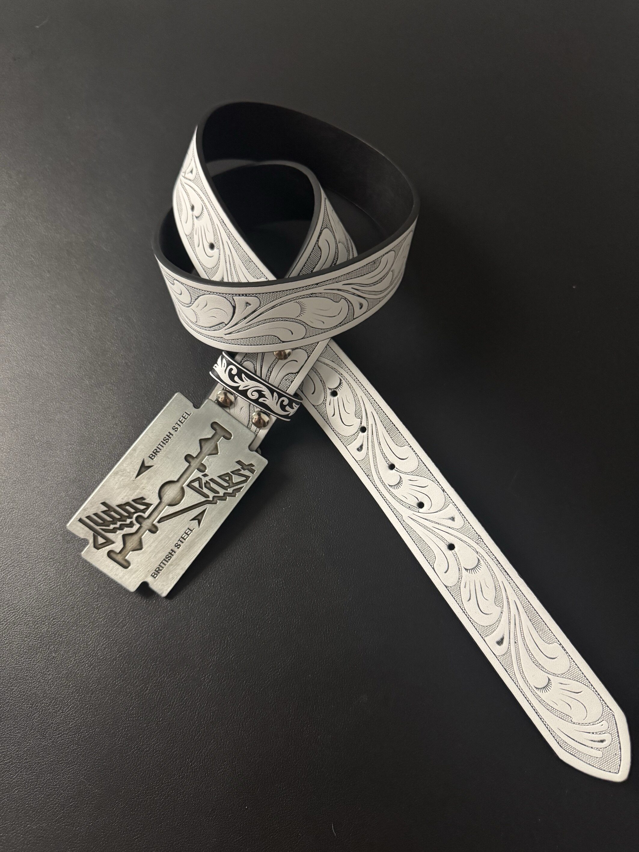 Vanan中古「钢纹刀片」唐草图案花纹腰带Vintage西部简约小众皮带