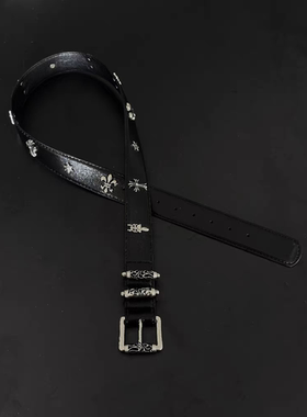 Vanan高级小众镂空滚轮CH风雕花皮带中古羊皮腰带十字花钛钢卷轴