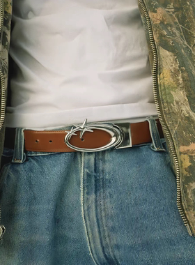 Vanan原创二层双色牛皮金属星星椭圆腰带重工质感穿搭配饰皮裤带