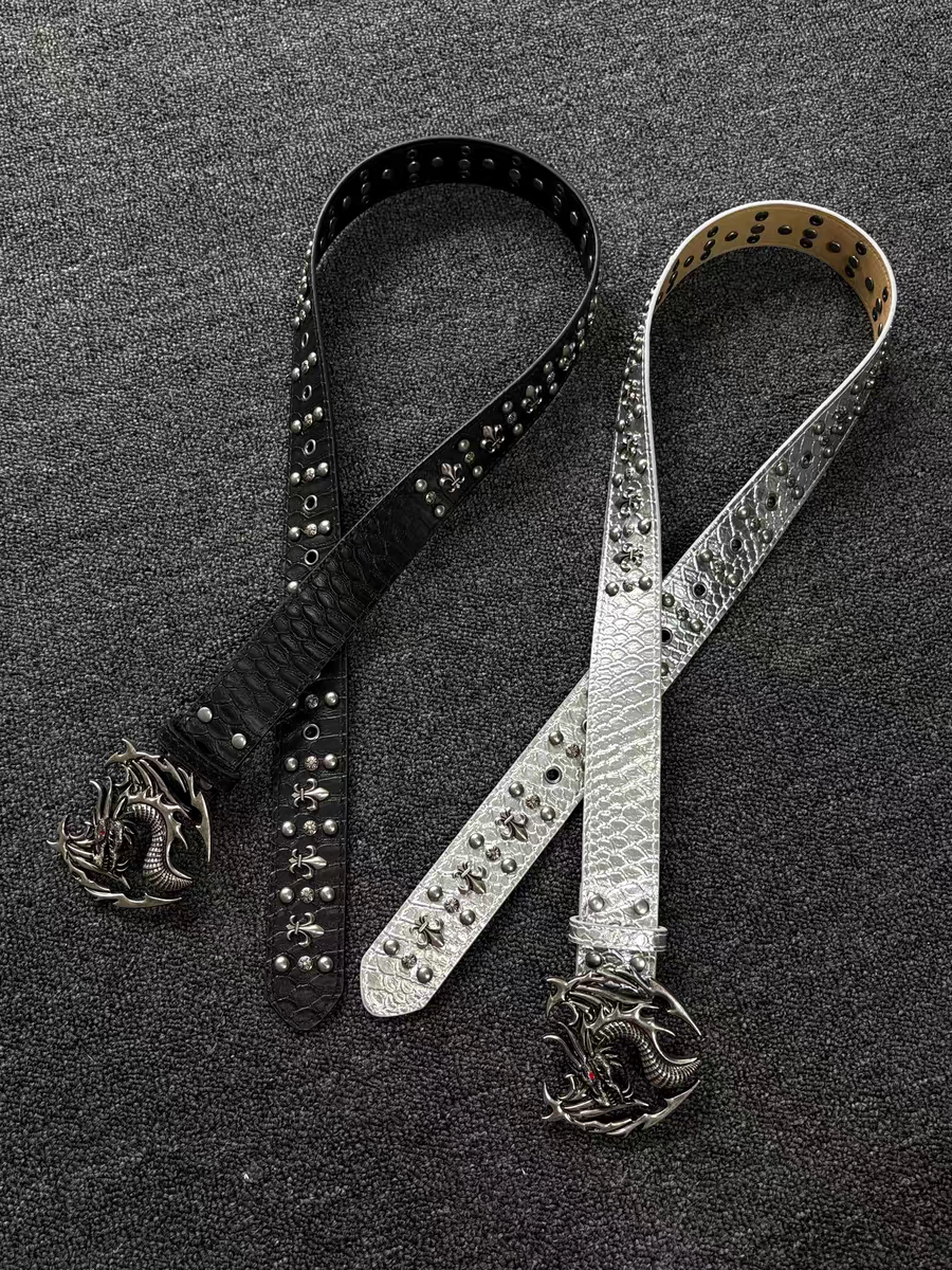 Vanan 中古红眼飞龙扣铆钉设计龙鳞雕花纹理小众vintage单品腰带