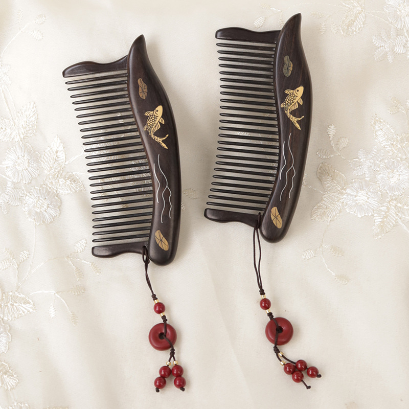 紫光檀木梳百宝嵌锦鲤中式细齿梳