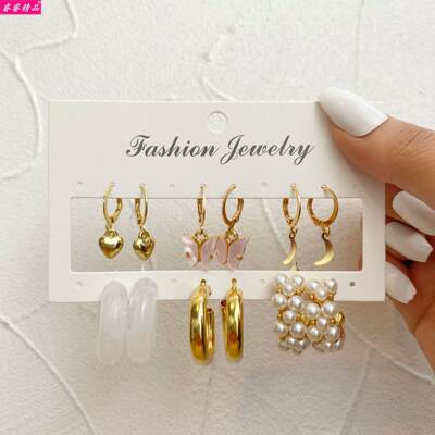 pearl retro butterfly C-shaped exaggerate earrings set耳环女