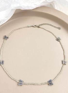 Handmade beaded Necklace simple rice bead butterfly choker饰