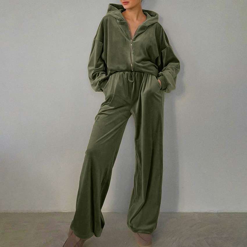2024连帽卫衣套装高腰系带阔脚裤欧美休闲时尚通勤women clothes