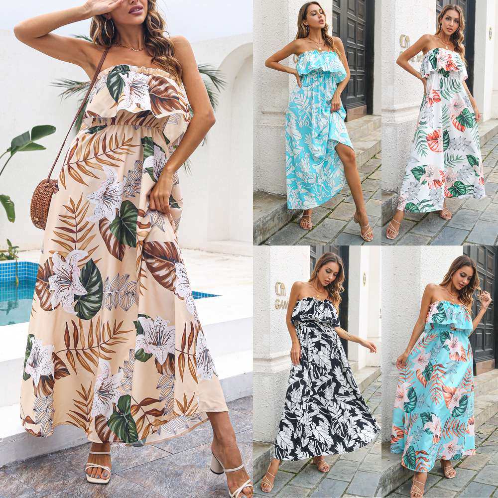 2024欧美女装春夏休闲抹胸度假长裙印花连衣裙women clothes
