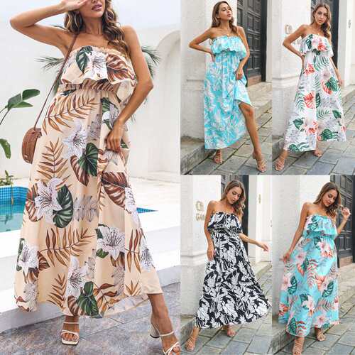 2024欧美女装春夏休闲抹胸度假长裙印花连衣裙women clothes