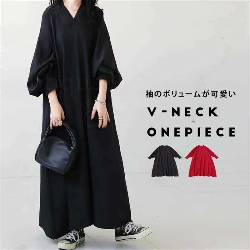 2024棉麻长袖连衣裙纯色V领宽松显瘦灯笼袖衬衫长裙women clothes