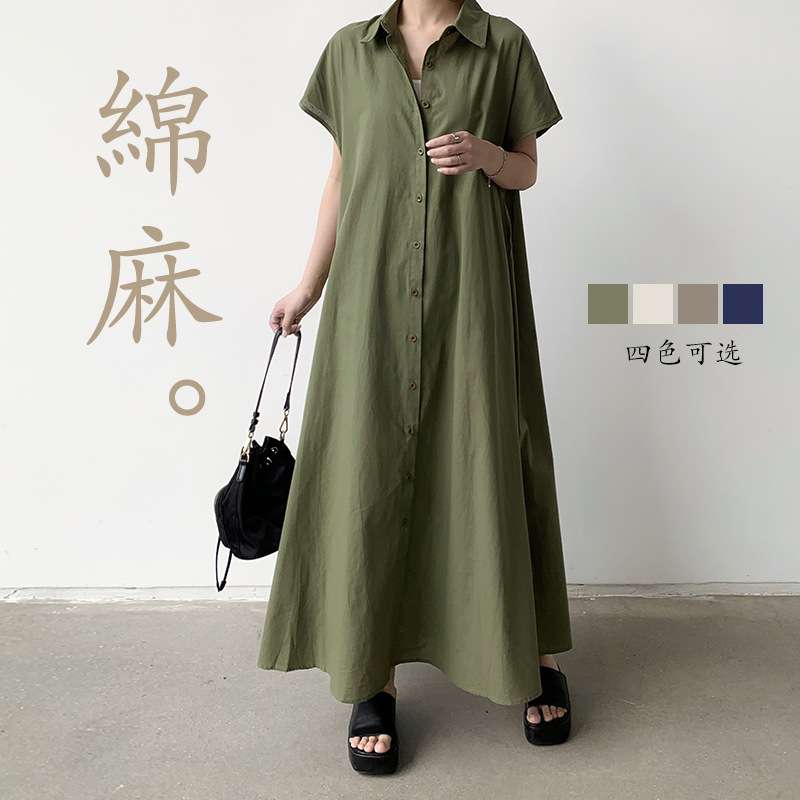 2024韩国套头短袖棉麻连衣裙女宽松翻领休闲衬衫裙women clothes