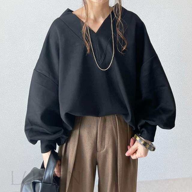 2024新款女装大V领蝙蝠袖宽松显瘦长袖拼接纯色T恤women clothes