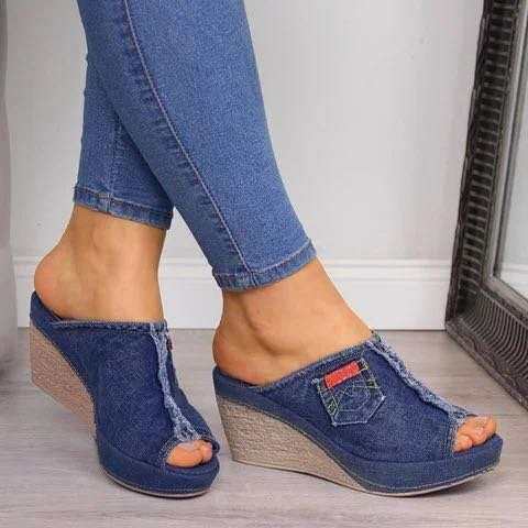 women shoes跟凉拖鞋厚底牛仔布面简约外穿时尚鱼嘴大码女鞋2024