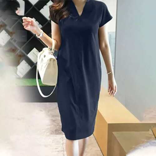 2024大码女装当红气质款V领短袖连衣裙棉麻舒适透气women clothes