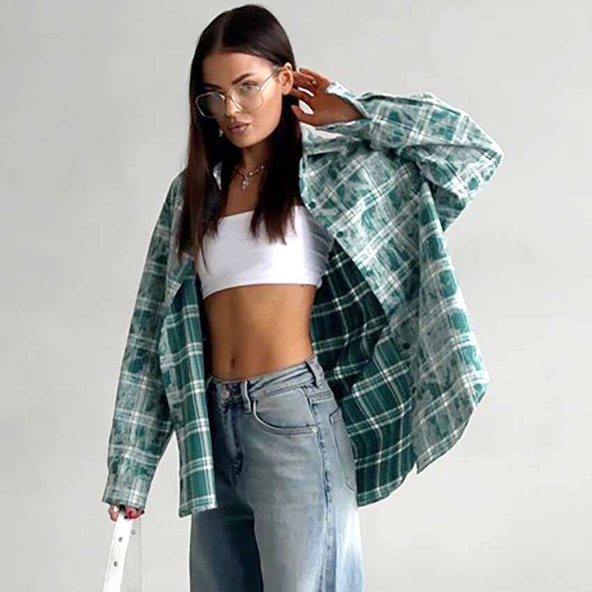 2024纹百搭宽松休闲衬衫春夏新款小众长袖外搭女装women clothes