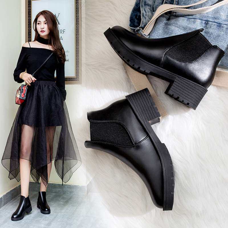 women shoes丁靴女秋冬新款欧美风学生低筒保暖中跟粗跟女靴2024