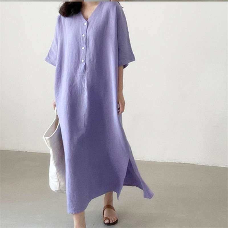 2024约棉麻连衣裙夏季新款宽松短袖长款棉麻衬衫裙women clothes