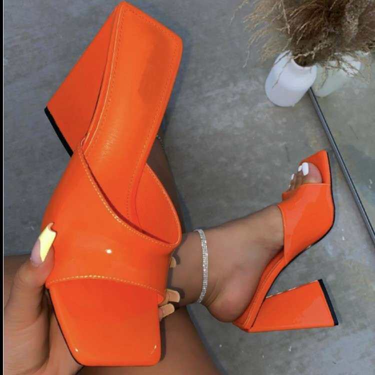 women shoes方头三角形跟粗高跟外穿一字拖鞋女欧美风女鞋432024