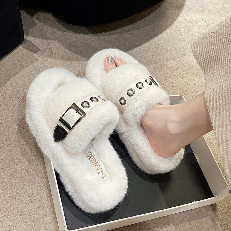 women shoes底毛毛拖鞋皮带扣一字仙女风室外半拖居家地板拖2024