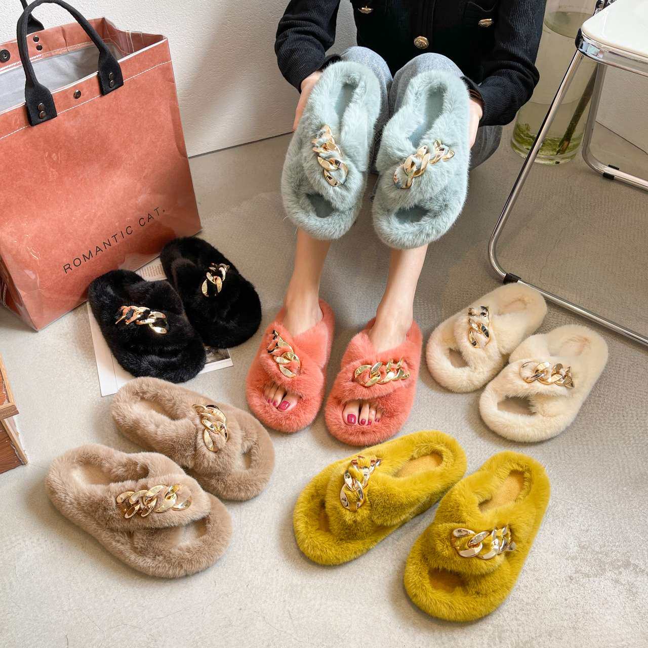 women shoes款链条毛毛拖鞋外穿交叉一字拖加绒保暖大码女鞋2024