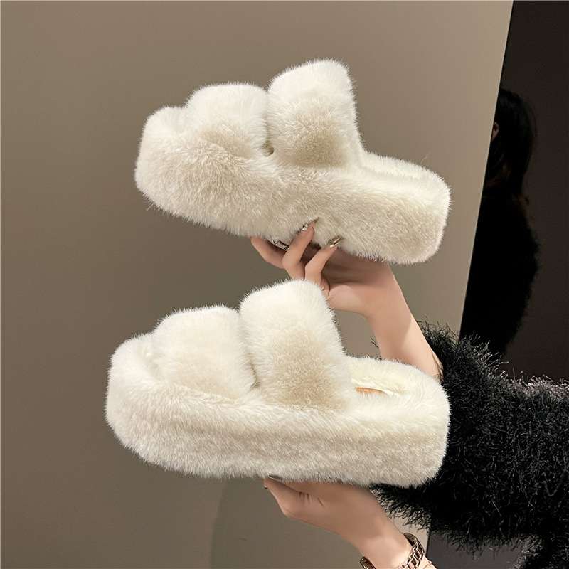 women shoes拖鞋女秋冬一字两条带35-42大码外贸室外毛绒拖鞋2024