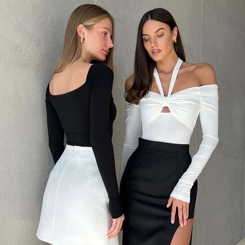 2024BS553欧美女装秋冬新款长袖露肩修身辣妹连体衣women clothes