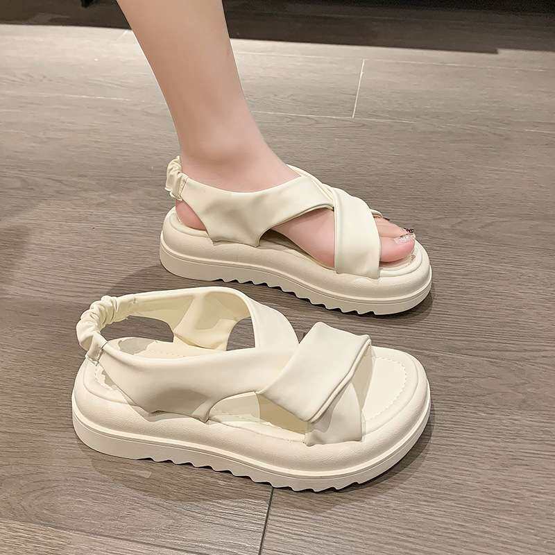 women shoes松糕平底女鞋夏季厚底松紧带外穿学院风沙滩鞋女2024
