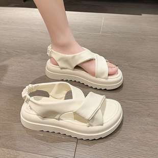女2024 women shoes松糕平底女鞋 夏季 厚底松紧带外穿学院风沙滩鞋