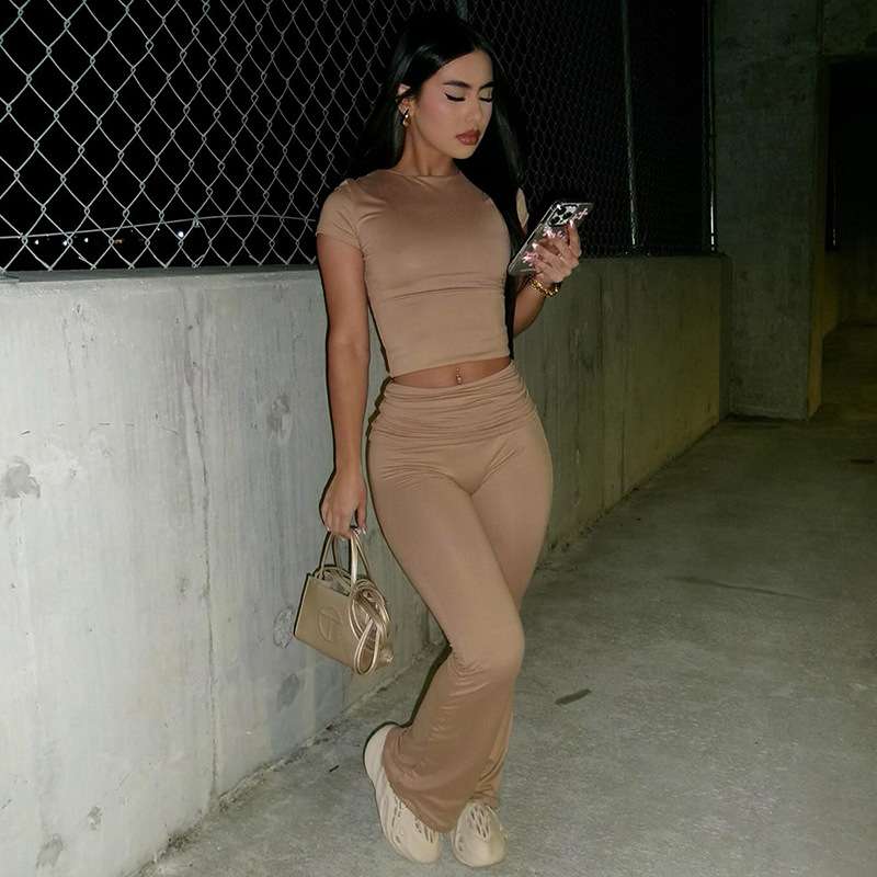 2024ST643欧美风新款女装纯色露脐短袖翻腰长裤套装women clothes