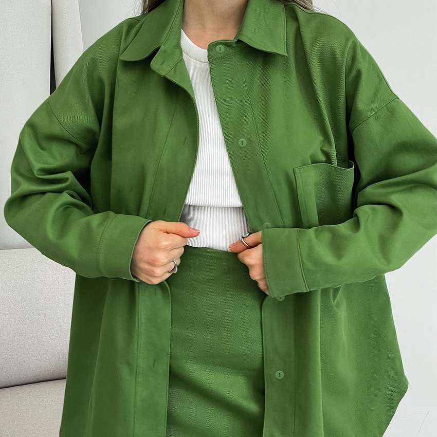 2024计感绿色休闲套装春夏新款开叉长袖短裙两件装women clothes