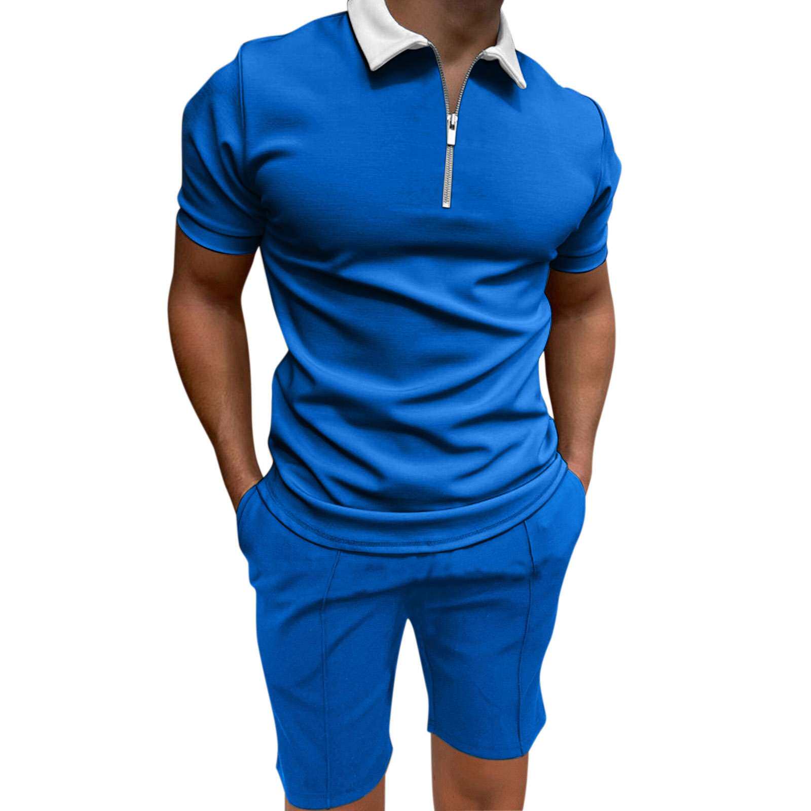 men clothesT恤欧美短袖印花修身拉链翻领套头男士polo衫同色2024