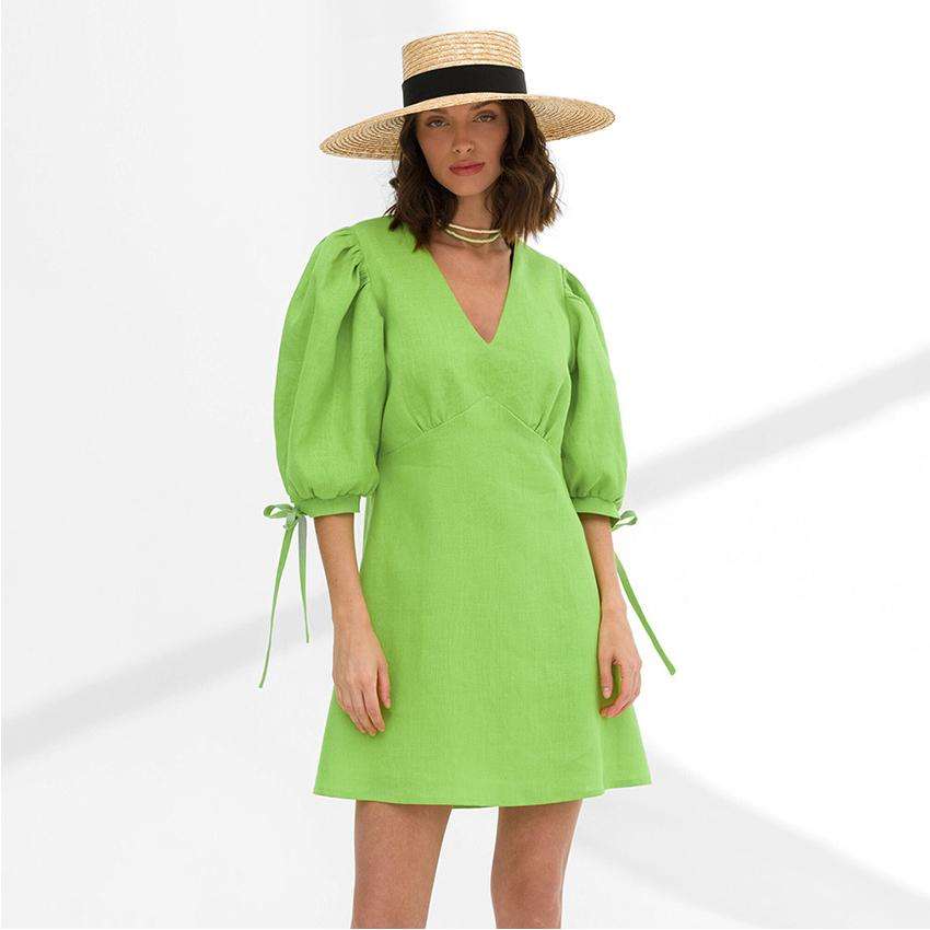 2024袖棉麻夏季连衣裙新款欧美时尚绿色小众A字裙女women clothes