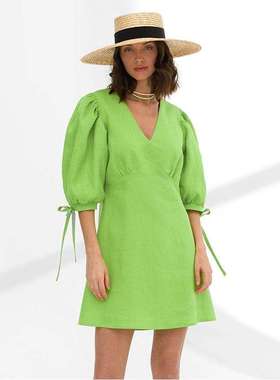 2024袖棉麻夏季连衣裙新款欧美时尚绿色小众A字裙女women clothes