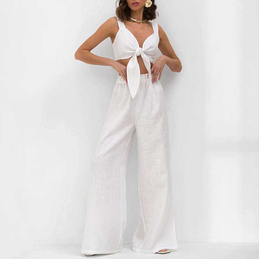 2024V领吊带背心高腰阔脚裤棉麻休闲套装夏季新款女women clothes
