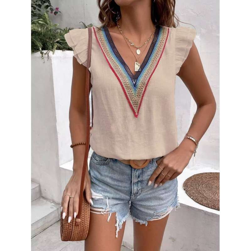 2024夏季新款学院V领套头蕾丝花边荷叶袖衬衣women clothes