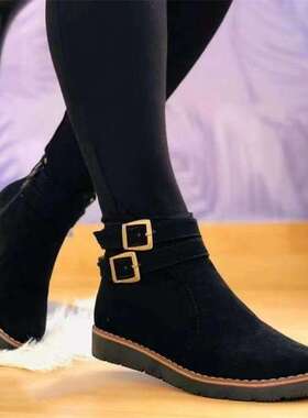 women shoes圆头厚底平跟绒面低筒金属扣外贸大码女式短靴432024