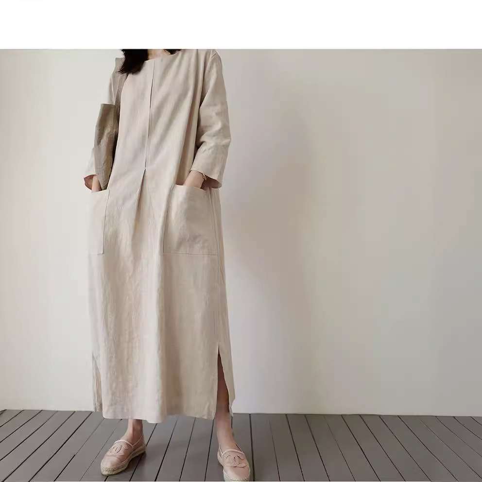 2024女中长款韩版宽松大码时尚大口袋亚麻休闲裙子women clothes