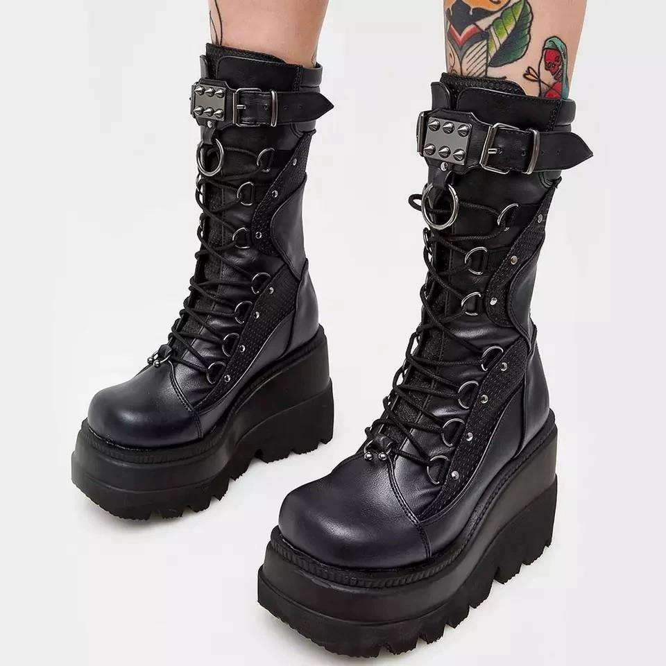women shoes跟骑士靴女新款欧美大码朋克风帅气厚底中筒靴女2024