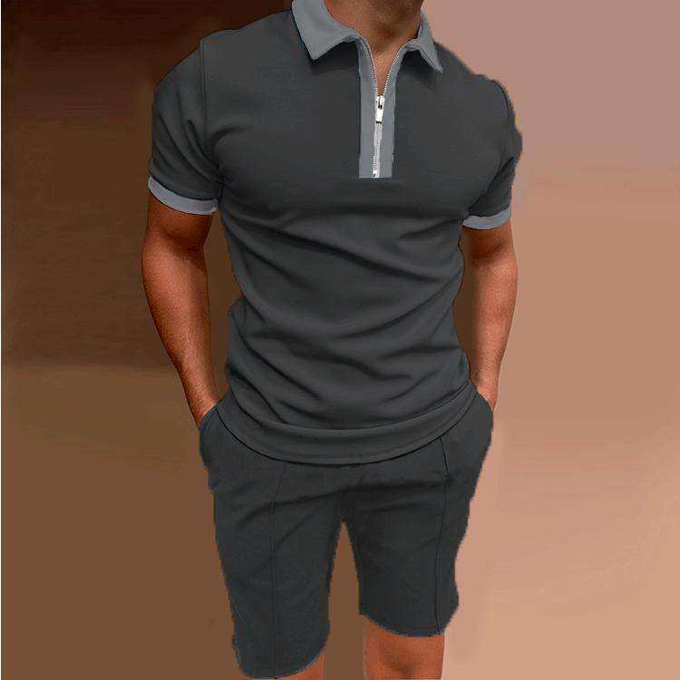 men clothes欧美短袖印花修身拉链翻领套头男士polo衫套装2024